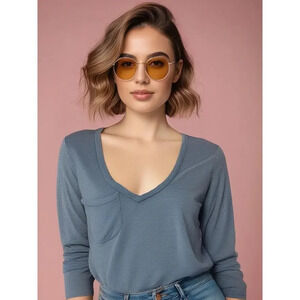Altar'd State Women's Small Blue Long Sleeve V-Neck‎ Blouse Casual Fall Top